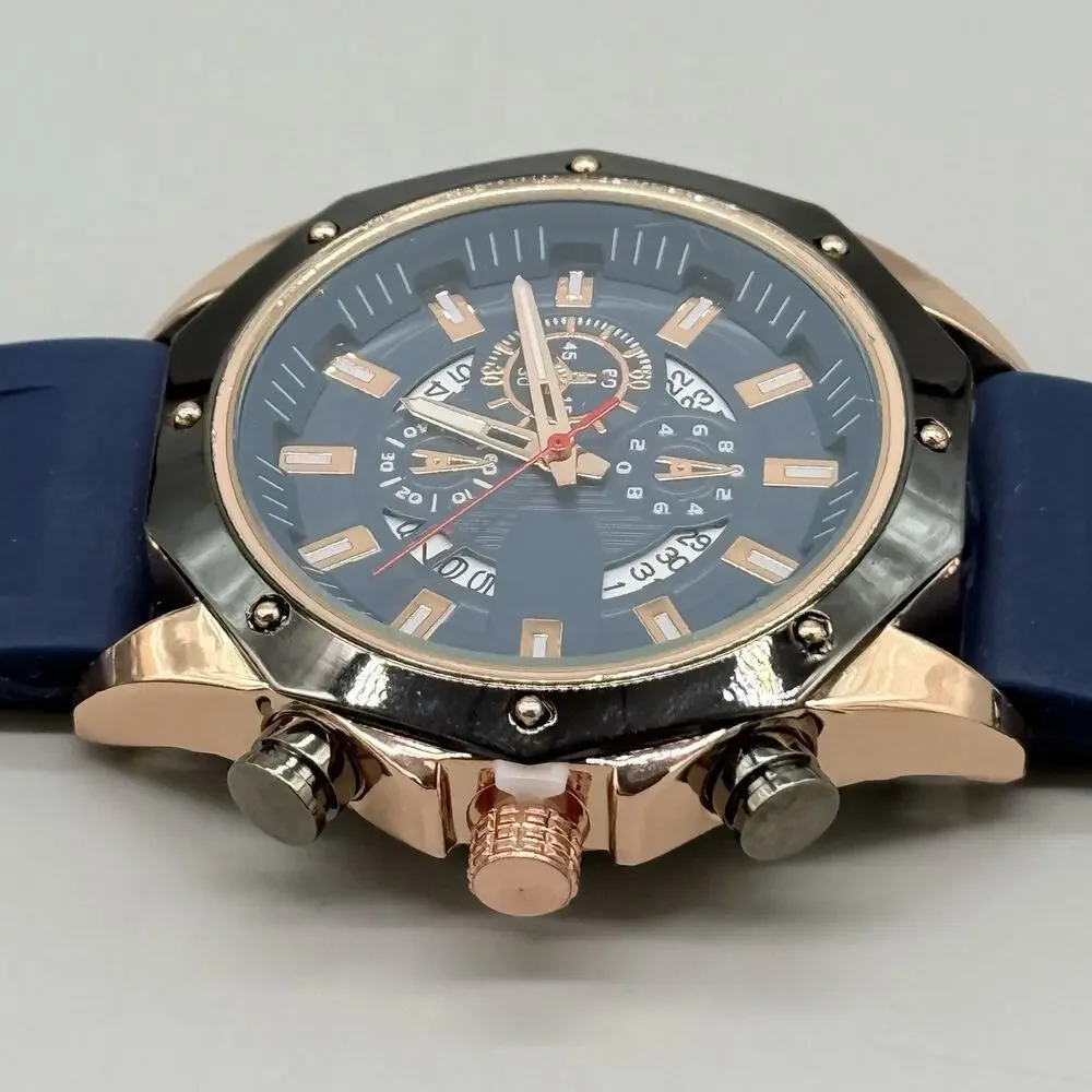 Mens Navy Blue Rose Gold Watch Silicone Strap Industrial Bolled Bezel Sport New